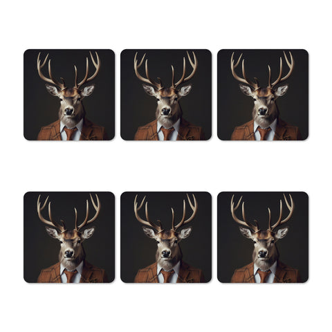 Set of six coasters with a deer wearing a suit on a dark background
