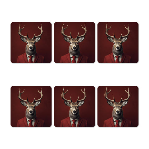 Set of six coasters with a deer wearing a red suit on a red background