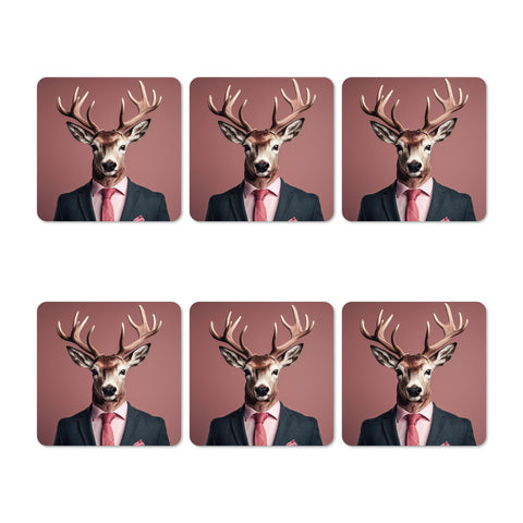 Six coasters with a deer in a suit and pink tie on a pink background