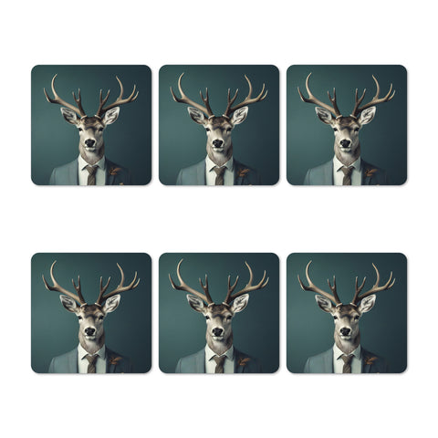 Set of six coasters with a deer wearing a suit on a dark green background