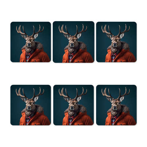 Set of six coasters featuring a deer in an orange jacket on a dark blue background