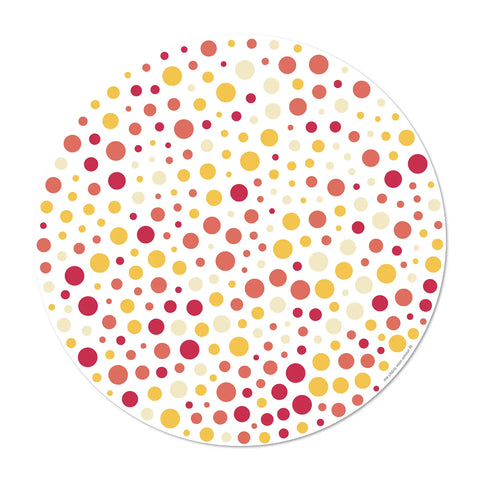 round vinyl placemats featuring a colorful polka dot pattern, reflecting the current trend for this playful and vibrant design, 6 different designs for a colorful table, made in Europe, easy to clean