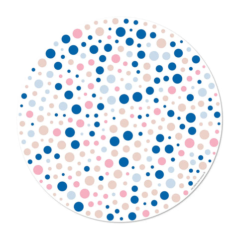 round vinyl placemats featuring a colorful polka dot pattern, reflecting the current trend for this playful and vibrant design, 6 different designs for a colorful table, made in Europe, easy to clean