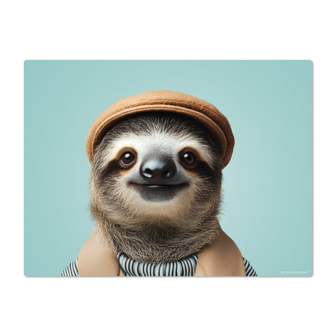 Sloth wearing a brown hat on a light blue background