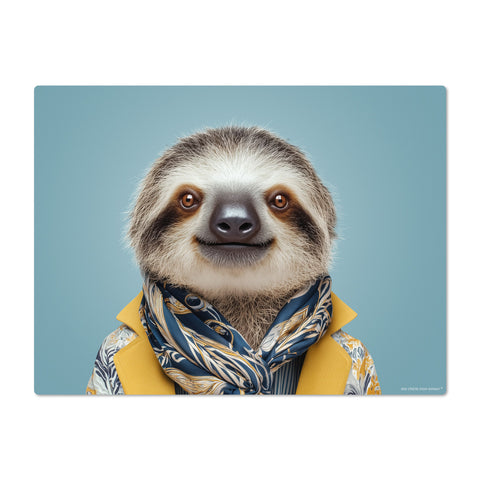 Sloth wearing a yellow sweater and patterned scarf on a blue background