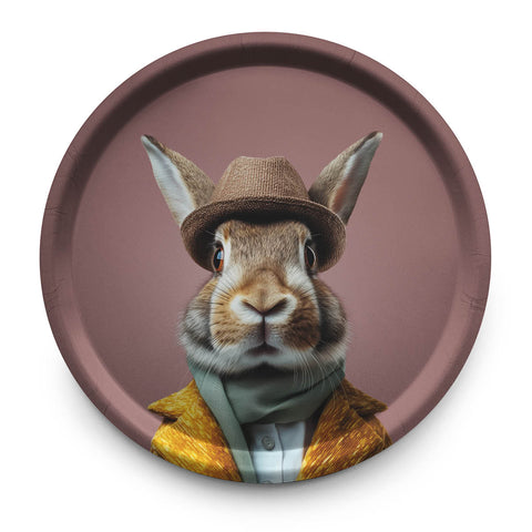 Round plate with a rabbit wearing a hat and coat on a brown background