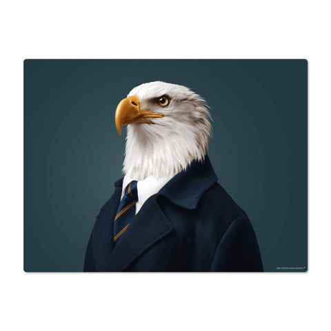Eagle wearing a suit with a tie on a dark background