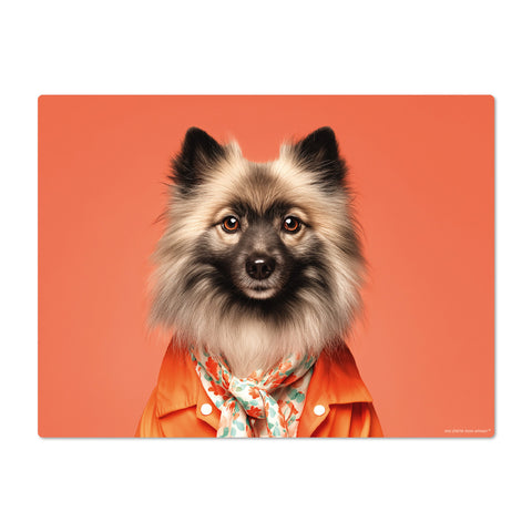 Dog wearing an orange coat with a floral scarf on a red background