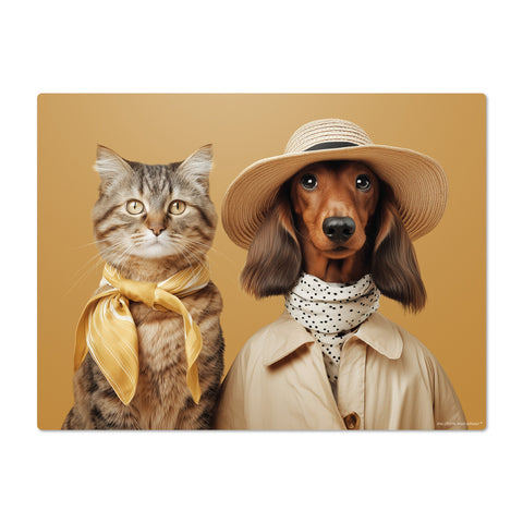 Cat and dog dressed up in a stylish manner on a mustard yellow background