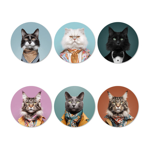 Set of six circular coasters featuring stylized cat portraits with different outfits on a white background.