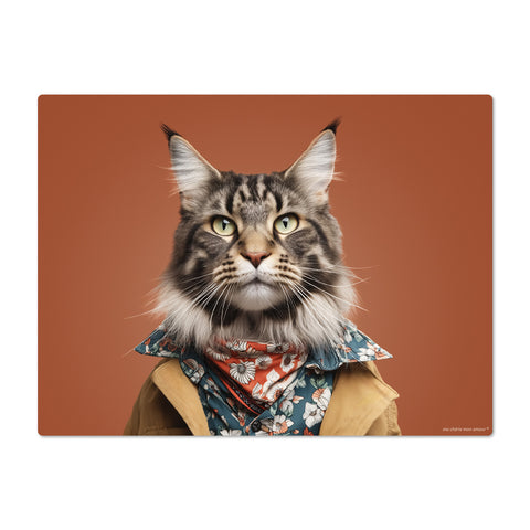 Cat wearing a floral scarf and brown coat on a brown background