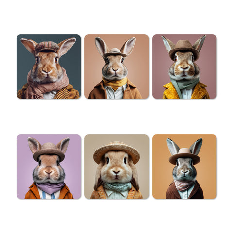 Set of six coasters with rabbits wearing hats and scarves on a white background