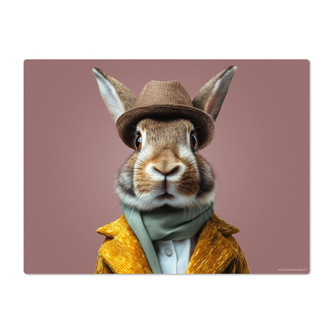 Rabbit wearing a hat and coat on a brown background