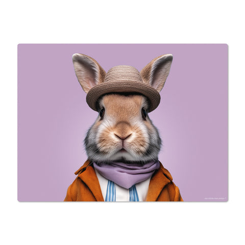 Illustration of a rabbit wearing a hat and coat on a purple background