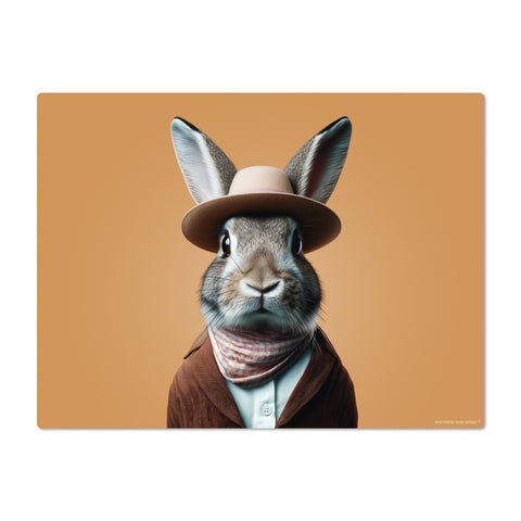 Rabbit wearing a hat and coat on a brown background