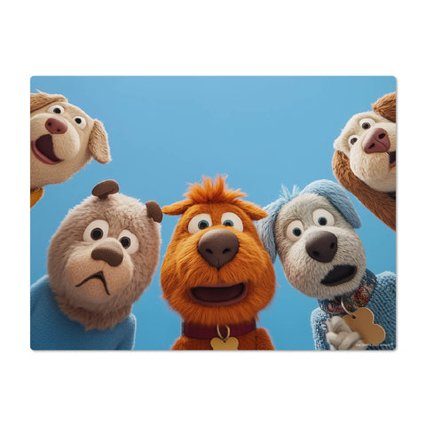 Five animated dog characters with a blue background