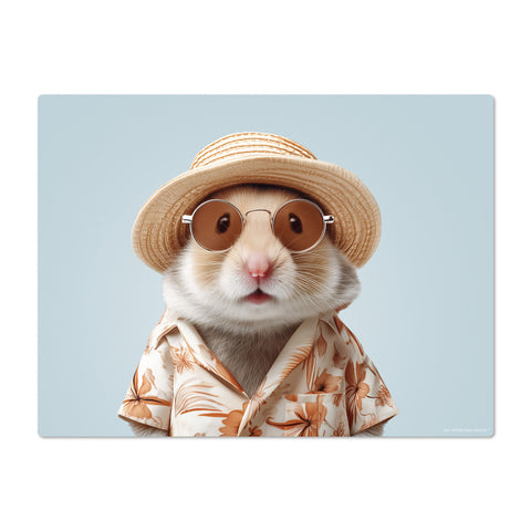 Hamster wearing a straw hat and sunglasses on a light blue background