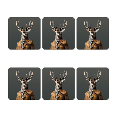 Set of six coasters with a deer wearing a suit on a dark background