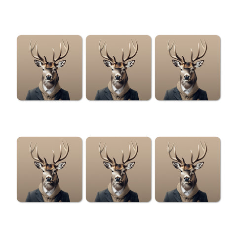 Six coasters with a deer design on a beige background