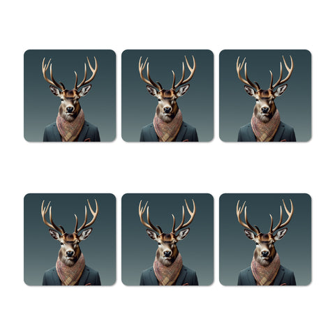 Six identical coasters with a deer wearing a suit and scarf on a dark background