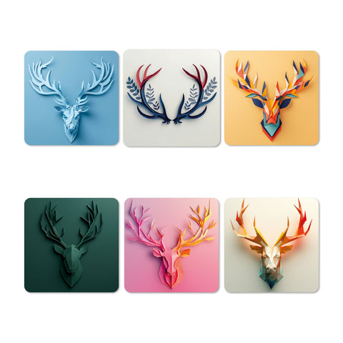 Set of six colorful deer head wall art pieces on a white background