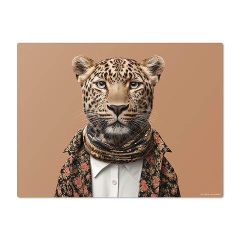 Leopard wearing a floral jacket and scarf on a brown background