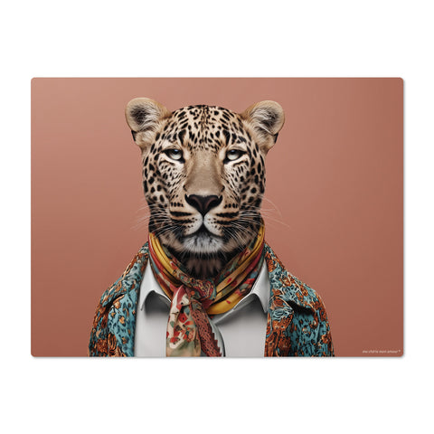 Leopard wearing a scarf and jacket on a brown background