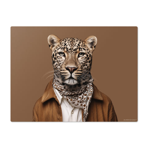 Leopard wearing a brown coat and patterned scarf on a brown background