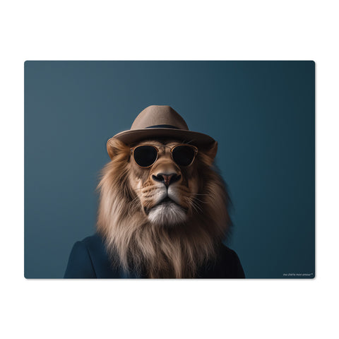 Lion wearing a hat and sunglasses on a dark blue background