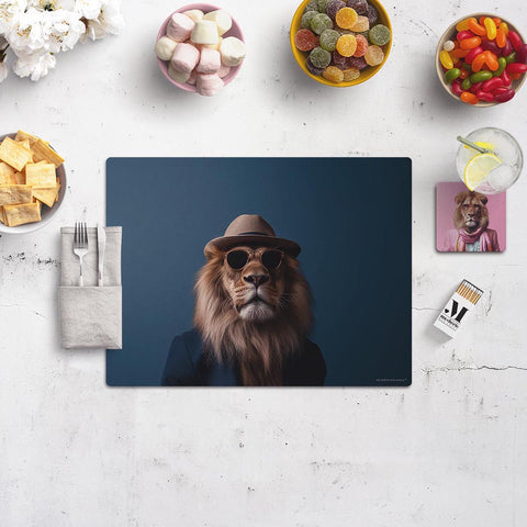 Placemat with a lion wearing a hat on a table with snacks and cutlery.