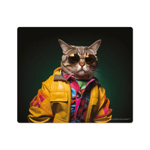 A colorful mouse pad featuring a whimsical design of a cat's head wearing sunglasses and a multicolored jacket.