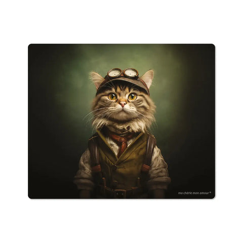 A vinyl mouse pad featuring a whimsical design of a cat head wearing a hat and glasses, with a vintage background.