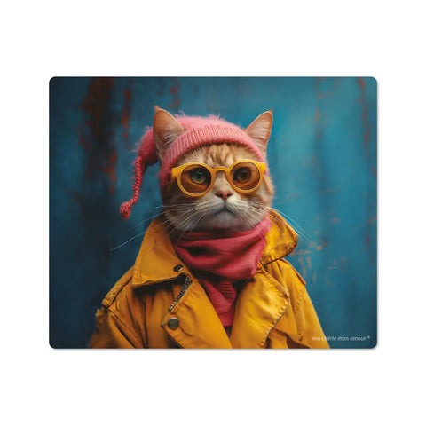 A rectangular mouse pad with an image of a cat wearing sunglasses and a pink hat.
