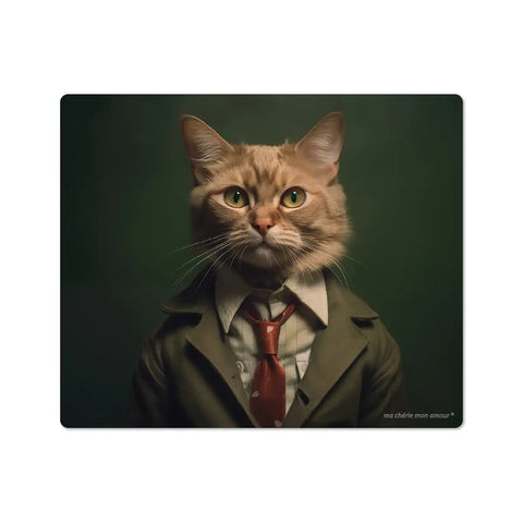 A vinyl mouse pad featuring a whimsical design of a cat's head wearing a suit and tie against a dark background.