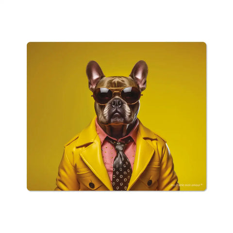 A vinyl mouse pad with an illustration of a dog wearing sunglasses and a yellow jacket against a yellow background.