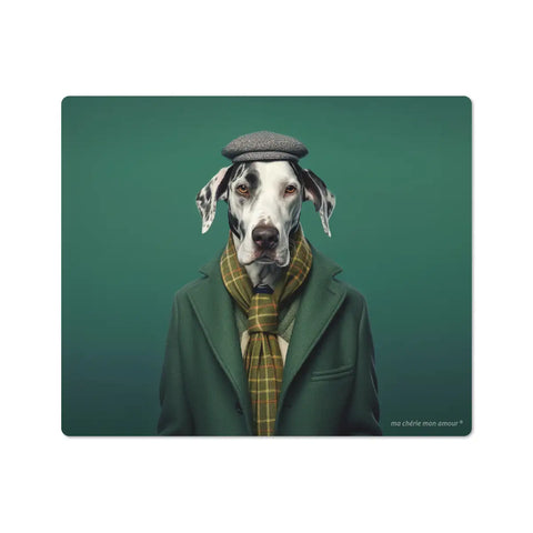 A vinyl mouse pad with a whimsical design of a dog wearing a green coat and a flat cap.