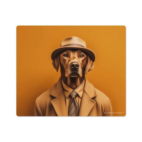 Vinyl mouse pad with a whimsical design of a dog wearing a hat and suit against an orange background.