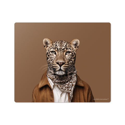Leopard wearing a brown coat and patterned scarf on a brown background