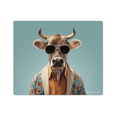 Cow wearing sunglasses and a patterned shirt on a light blue background