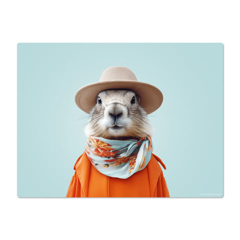 Marmot wearing a hat and orange coat with a light blue background