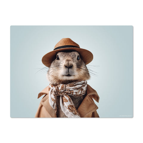 Marmot wearing a hat and coat on a light blue background