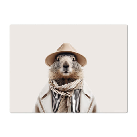 Marmot wearing a hat and scarf on a white background