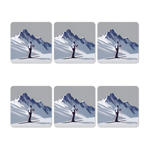 Set of six coasters with a skier in a mountainous landscape design.