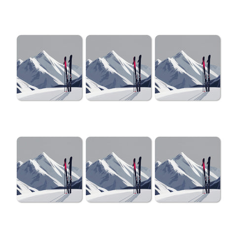 Set of six coasters with skis against a mountain background on a white background
