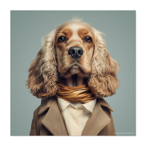 Dog wearing a coat and scarf on a plain background