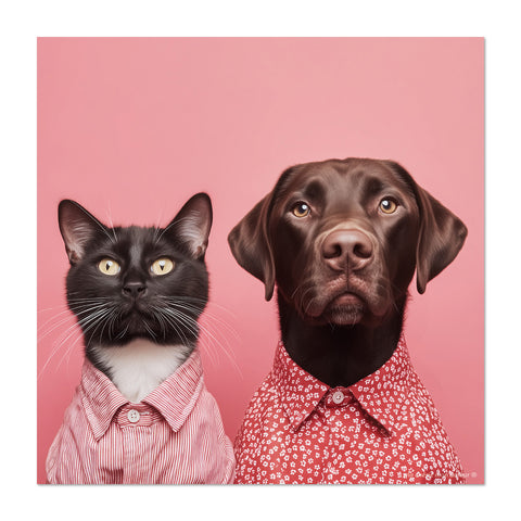 Cat and dog wearing red shirts on a pink background