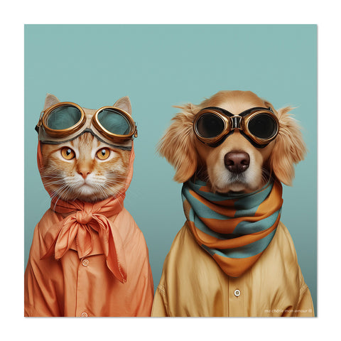 Cat and dog wearing goggles and scarves on a teal background