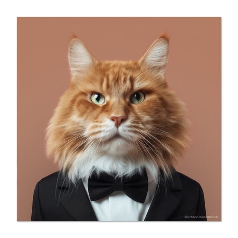 Cat wearing a black suit with a bow tie on a brown background