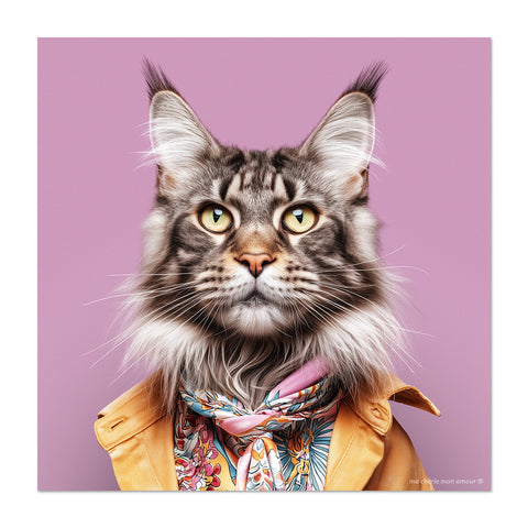 Cat wearing a yellow jacket and colorful scarf on a pink background