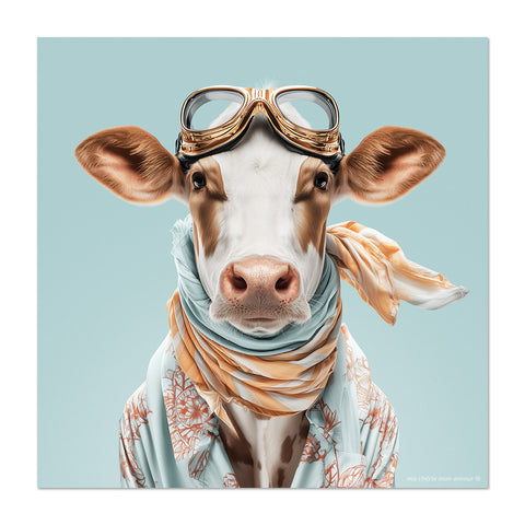Cow wearing goggles and a scarf on a light blue background